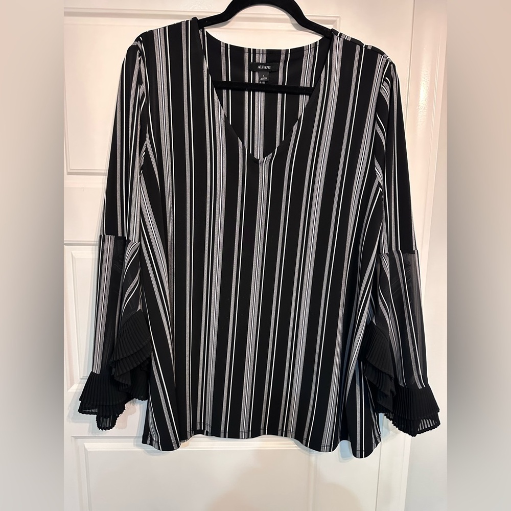 Alfani Women's Black and White Striped Top with ruffle sleeves